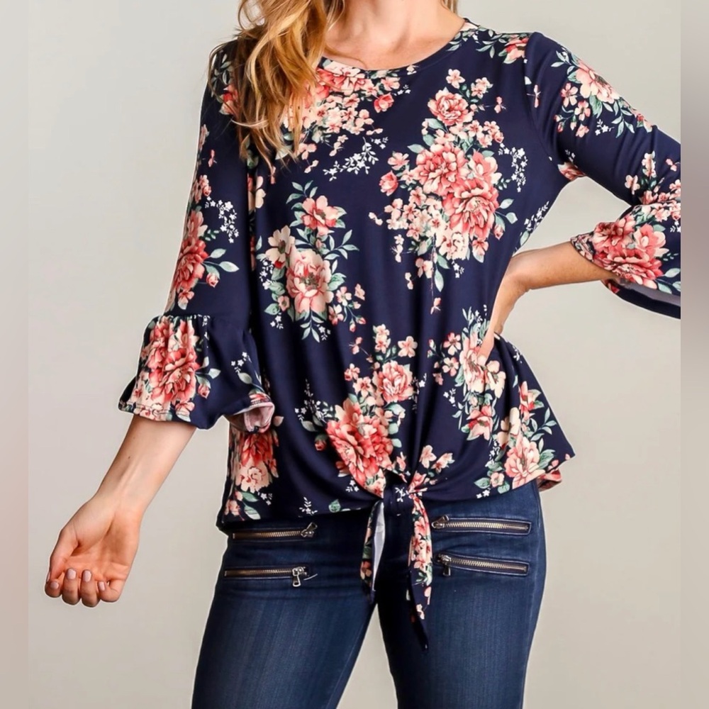 Boutique Blouse Top Navy Blue Floral Bell Sleeve Tie Waist Medium